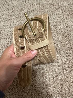 Coldwater Creek Beige Embroidered Belt with Brass Round Buckle